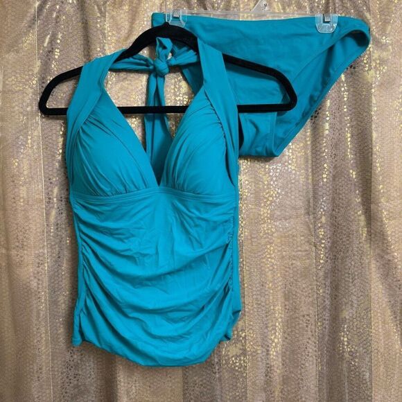La Blanca Teal Turquoise Island Goddess Halter Tankini Swim Top Bottom Set 10 - Picture 1 of 11